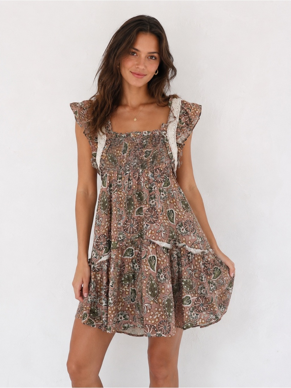 Aureum Floral Boho Mini Dress Smocked Bodice Ruffle Sleeve Cottagecore Dress